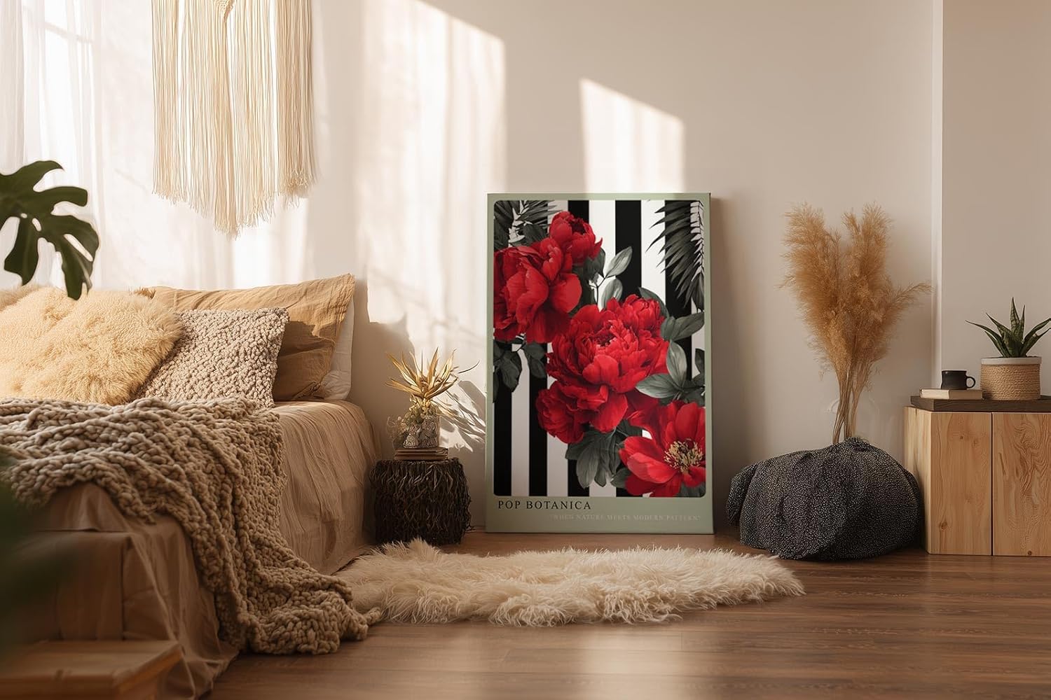 Paul Sinus Wandbild in 40x60cm Pop Botanica – Rote Pfingstrosen vor schwarz-weißem Streifenmuster