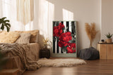 Paul Sinus Wandbild in 40x60cm Pop Botanica – Rote Pfingstrosen vor schwarz-weißem Streifenmuster