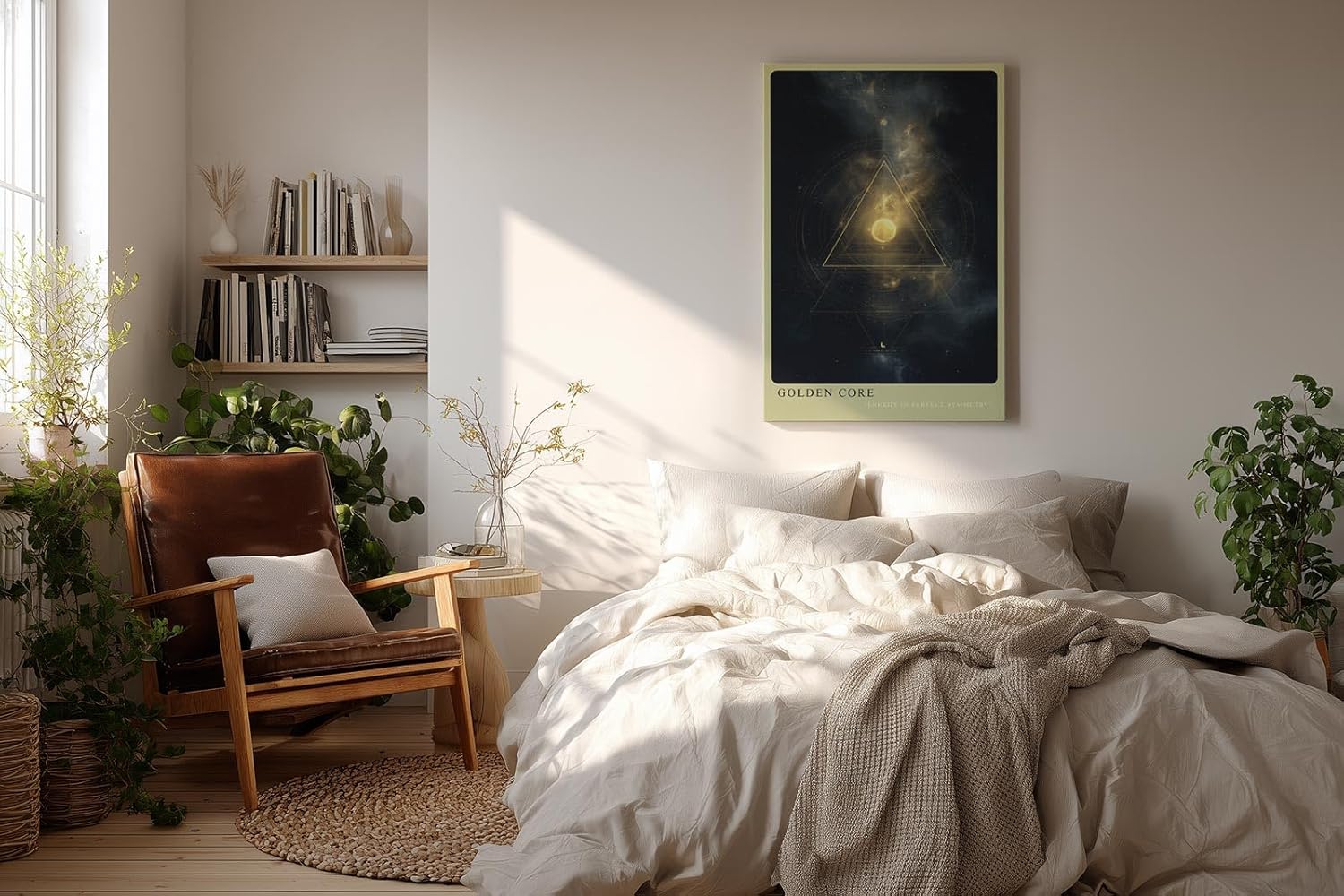 Paul Sinus Wandbild in 40x60cm Golden Core – Mystische Weltraumszene mit leuchtendem goldenen Kern und symmetrischen geometrischen Linien