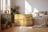 Sinus Art Wandbild 120x80cm Stimmungsvolle Aufnahme eines alten Holzstegs im goldenen Sonnenlicht auf offener See