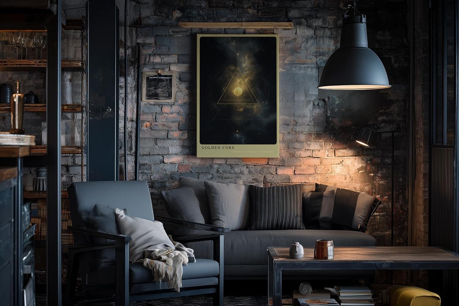 Paul Sinus Wandbild in 40x60cm Golden Core – Mystische Weltraumszene mit leuchtendem goldenen Kern und symmetrischen geometrischen Linien