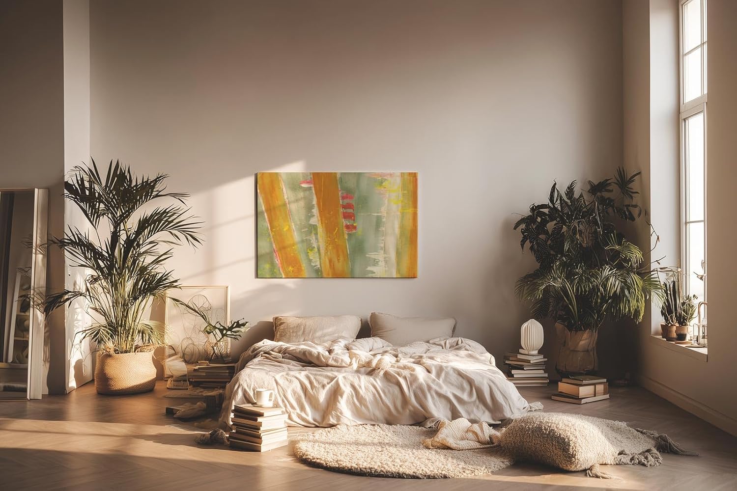 Sinus Art Wandbild 120x80cm Gelb-orange vertikale Pinselstriche auf grünlichem Grund mit leuchtenden Akzenten