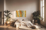 Sinus Art Wandbild 120x80cm Gelb-orange vertikale Pinselstriche auf grünlichem Grund mit leuchtenden Akzenten