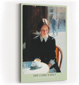 Paul Sinus Wandbild in 40x60cm She Came Early – Zartes Porträt einer Frau am Café-Tisch in Paris, nachdenklich auf ihre Tasse Kaffee blickend, moderne Bilder mit sanften Farbtönen