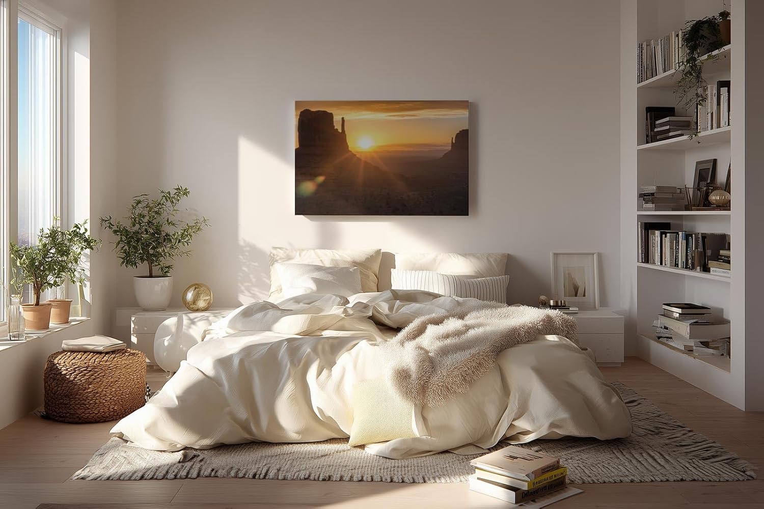 Sinus Art Wandbild 120x80cm Dramatische Landschaft mit Felsformationen im Gegenlicht der aufgehenden Sonne erzeugt Weite und Ruhe