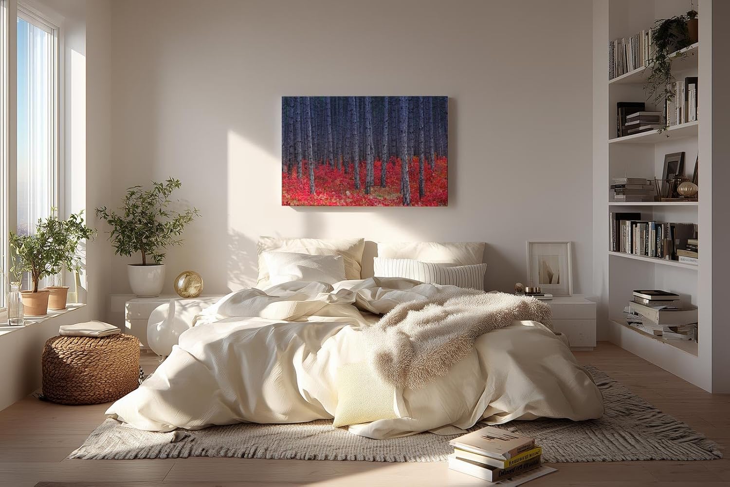 Sinus Art Wandbild 120x80cm Kontrastreiches Bild mit blau-grauen Baumstämmen und leuchtend rotem Waldboden
