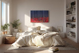Sinus Art Wandbild 120x80cm Kontrastreiches Bild mit blau-grauen Baumstämmen und leuchtend rotem Waldboden