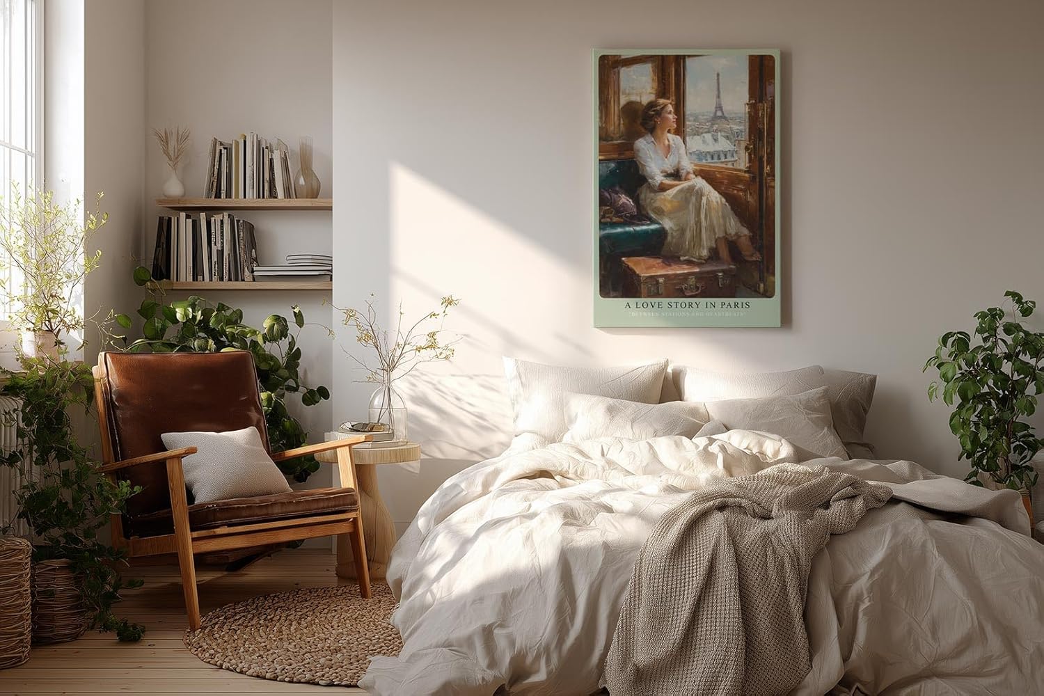 Paul Sinus Wandbild in 40x60cm A Love Story in Paris – Romantische Bahnszene mit Blick auf den Eiffelturm, elegante Frau am Zugfenster, nostalgische Stadtkunst
