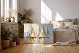 Sinus Art Wandbild 120x80cm Dynamisches Motiv mit sieben Segelbooten in Blau und Goldtönen – stilvoll und maritim zugleich