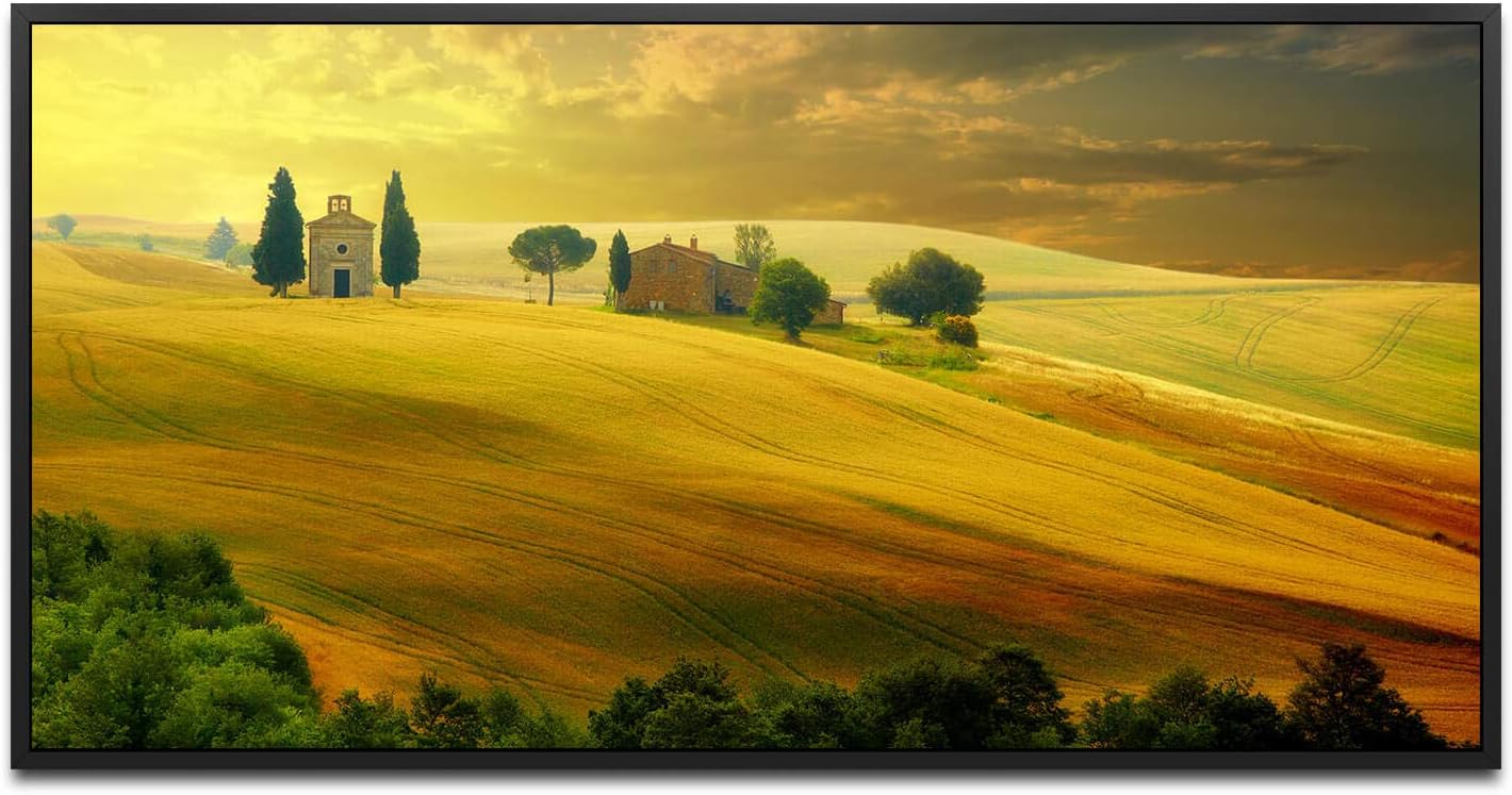 Landschaft in der Toscana ca. 130x70cm Wandbild inklusive Schattenfugenrahmen schwarz - Panorama Leinwand Bild XXL Format Wandbilder Wohnzimmer Wohnung Deko Kunstdrucke