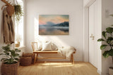 Sinus Art Wandbild 120x80cm Sanfter Nebel schwebt über dem stillen Wasser vor bewaldeter Uferlinie