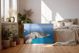 Sinus Art Wandbild 120x80cm Satte Türkistöne, weiße Felsen und mediterranes Flair gestochen scharf