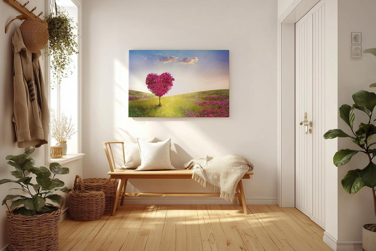 Sinus Art Wandbild 120x80cm Herzförmiger Baum in pinker Blüte in weiter Frühlingslandschaft mit Blumenwiese
