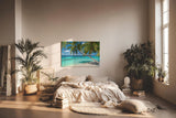 Sinus Art Wandbild 120x80cm Tropischer Strand mit weißen Sand und schattenspendenden Palmen als Urlaubsidyll