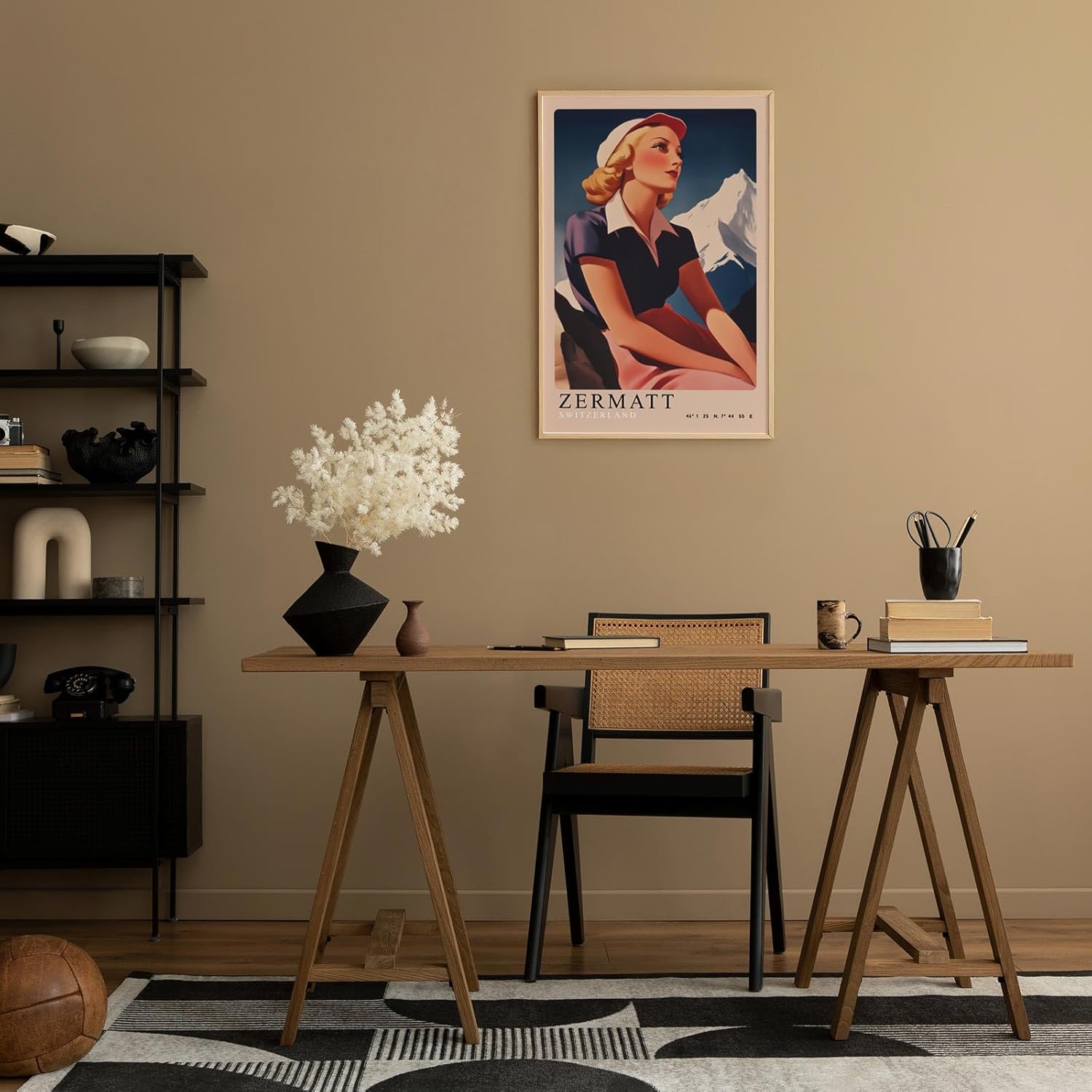 Paul Sinus Leinwandbild 80x120cm Leinwandbild Retro Lady Zermatt Alpen Vintage Reiselust Schweiz Nostalgie stilvolle Eleganz Kunstmotiv Berglandschaft