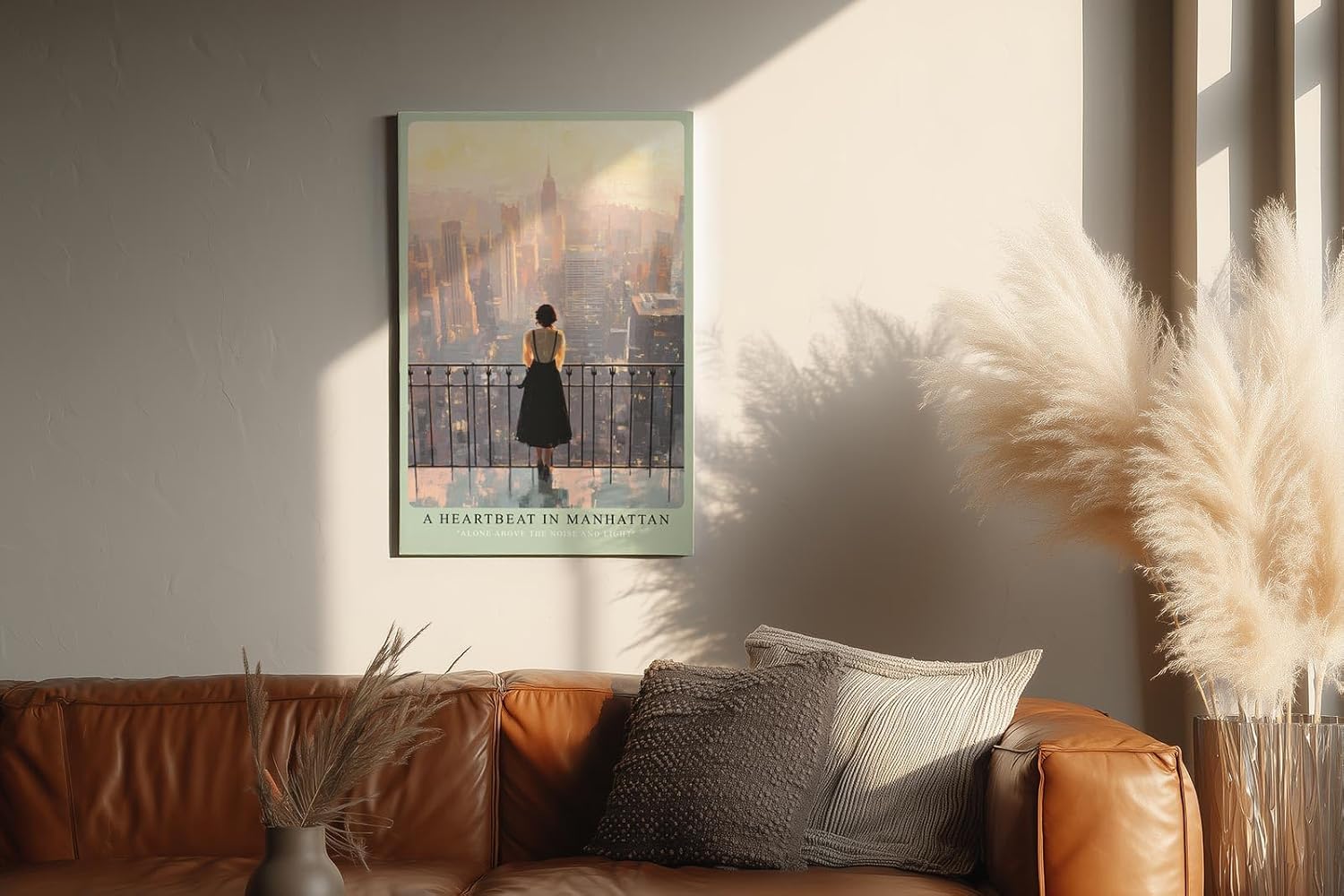 Paul Sinus Wandbild in 40x60cm A Heartbeat in Manhattan – Frau auf Balkon mit Blick auf New Yorker Skyline im Abendlicht, stimmungsvolles Stadtmotiv