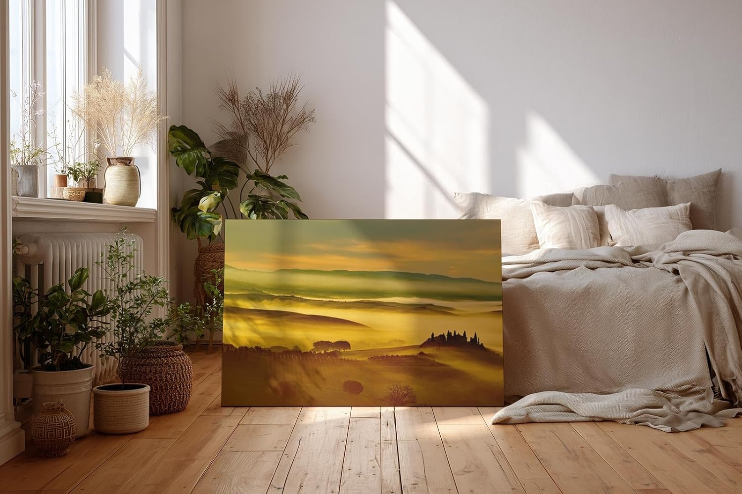 Sinus Art Wandbild 120x80cm Malerische Landschaft der Toskana mit Nebelfeldern und Sonnenlicht – beruhigend und träumerisch