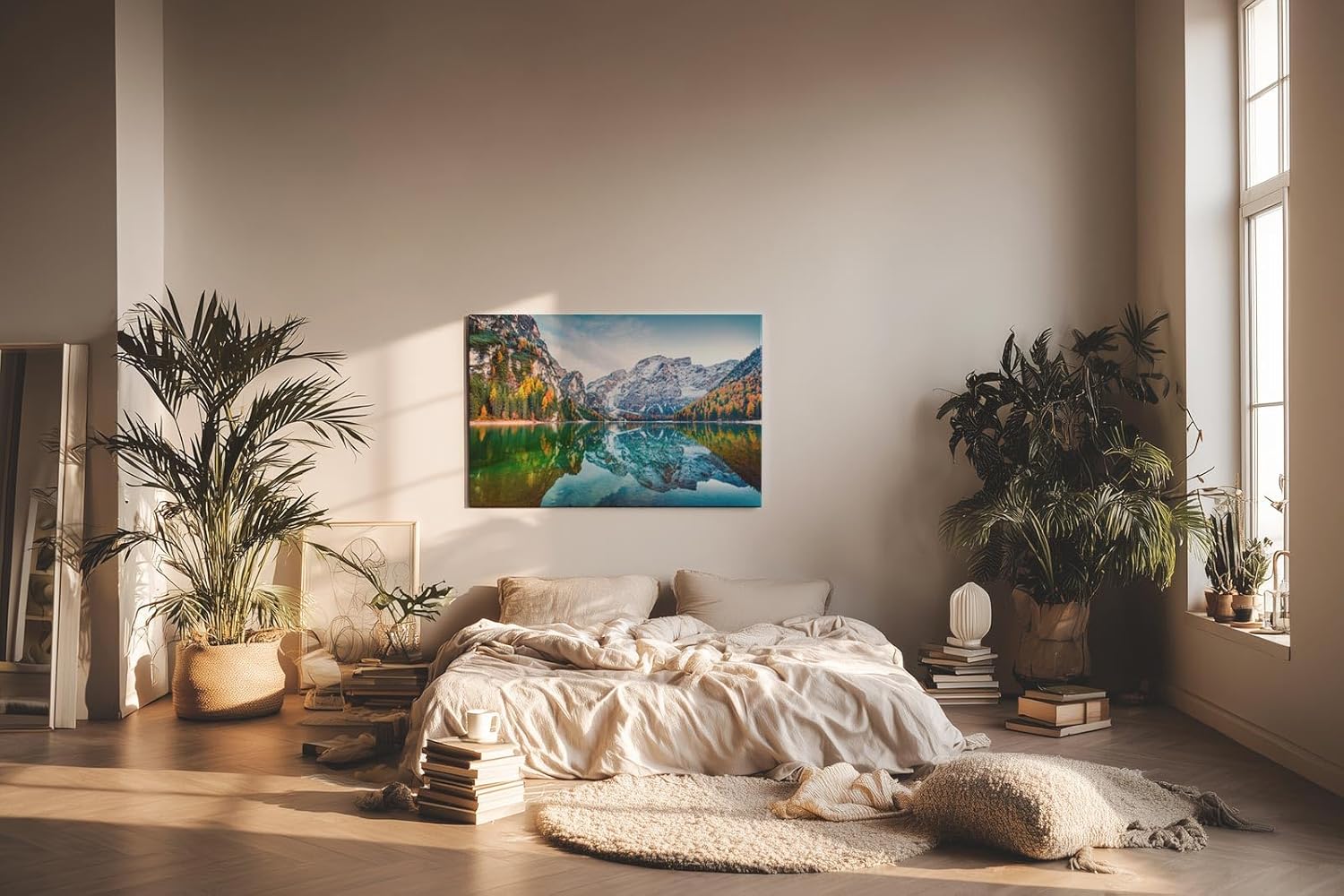 Sinus Art Wandbild 120x80cm Bunt gefärbte Herbstbäume spiegeln sich im ruhigen Bergsee vor alpiner Kulisse