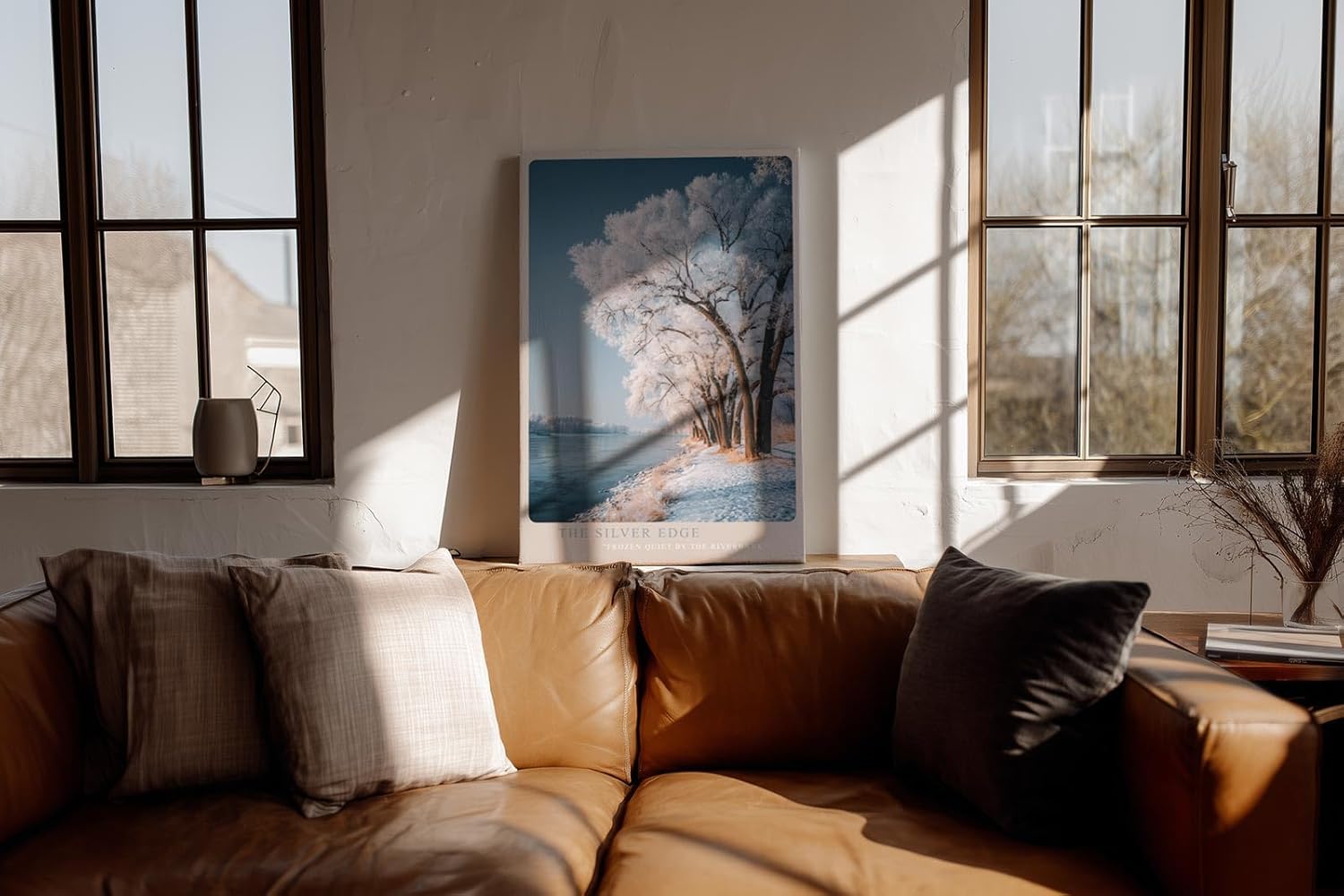 Paul Sinus Wandbild in 40x60cm The Silver Edge – Winterliche Flusslandschaft mit schneebedeckten Bäumen, elegante Naturdarstellung in kühlen Tönen