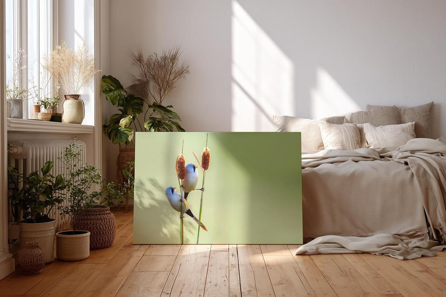Sinus Art Wandbild 120x80cm Zwei Bartmeisen auf Schilfrohren – ruhige Komposition mit hohem ästhetischen Wert