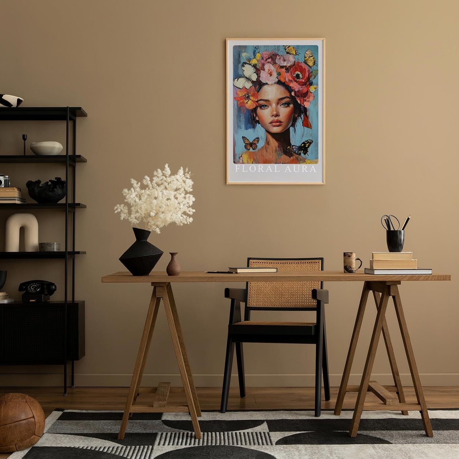 Paul Sinus Leinwandbild 60x90cm Leinwandbild Florale Aura – Ausdrucksstarkes Porträt mit blühender Blumenkrone und Schmetterlingen, leuchtende Farben
