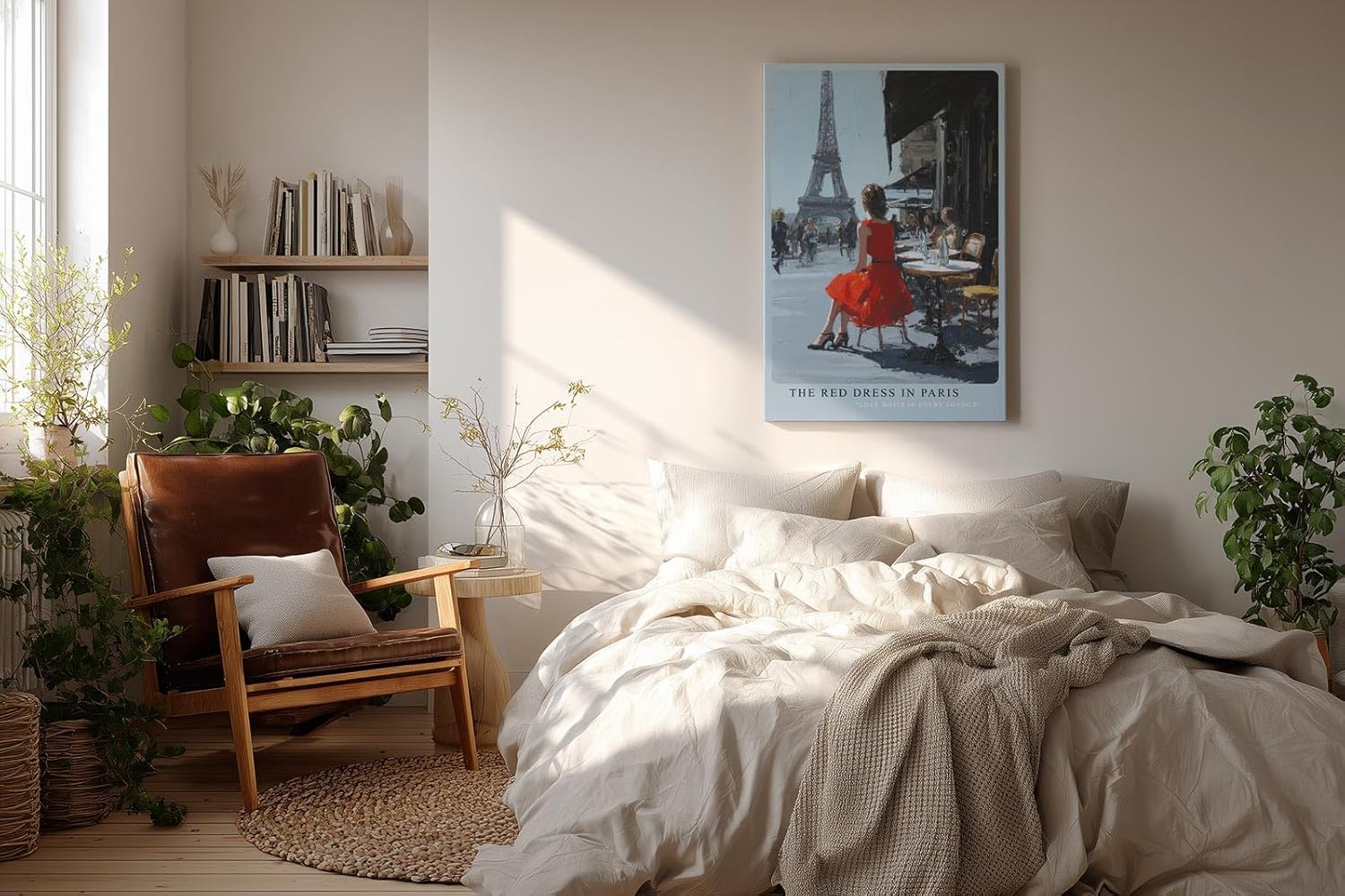 Paul Sinus Wandbild in 40x60cm The Red Dress in Paris Bilder einer Frau im roten Kleid an einem Straßencafé mit Blick auf den Eiffelturm