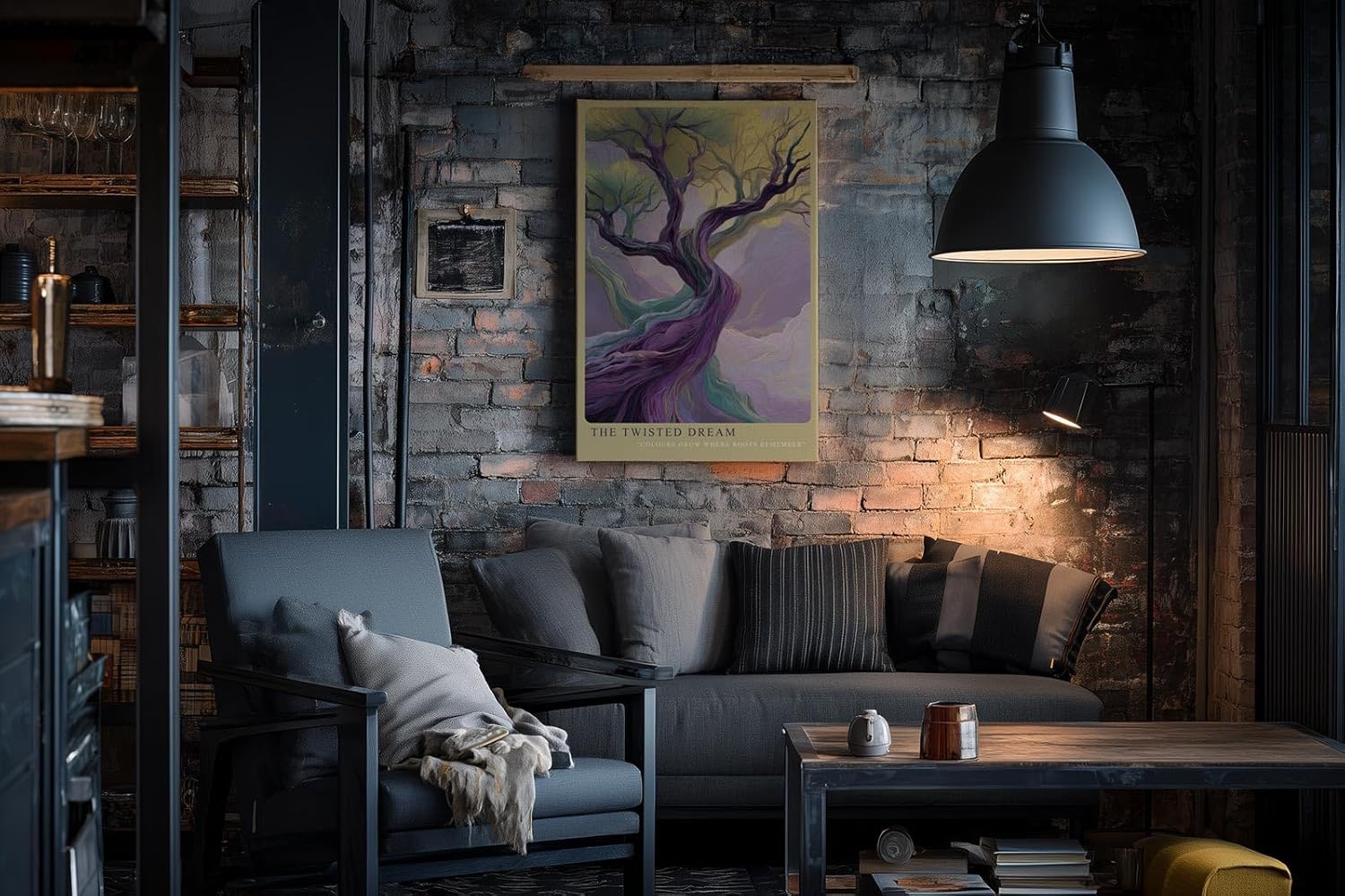Paul Sinus Wandbild in 40x60cm The Twisted Dream – Farbintensive Kunst mit verschlungenem Baum in surrealer Landschaft