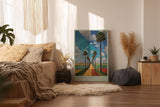Paul Sinus Wandbild in 40x60cm The Tropic Trail mit farbintensiver Palmenallee und geometrischem Himmel für lebendige Raumgestaltung