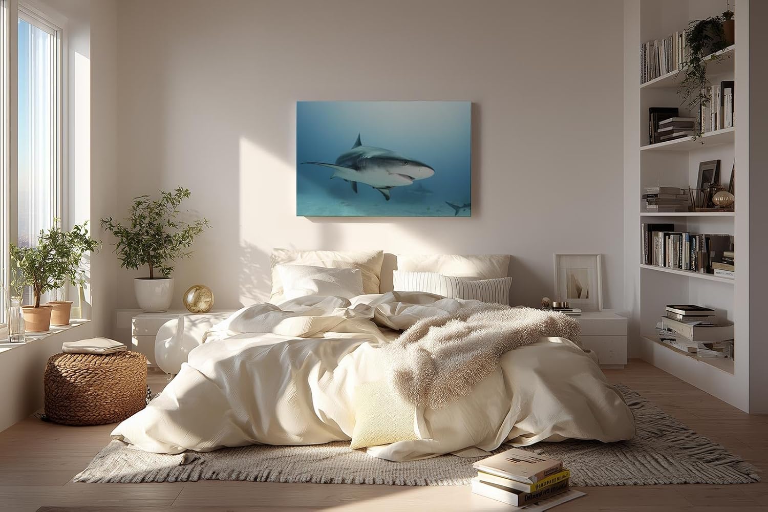 Sinus Art Wandbild 120x80cm Fesselndes Tiermotiv mit realistischer Darstellung eines Haies im Tiefblau