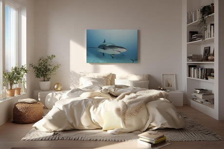 Sinus Art Wandbild 120x80cm Fesselndes Tiermotiv mit realistischer Darstellung eines Haies im Tiefblau