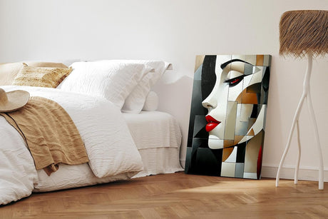 Paul Sinus 60x90cm Wandbild Crimson Beauty – Modernes Frauenporträt in geometrischer Eleganz auf Leinwand Holzrahmen