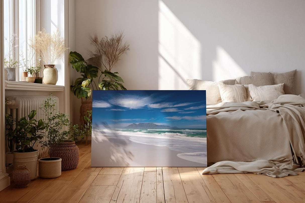 Sinus Art Wandbild 120x80cm Der berühmte Tafelberg im Hintergrund und Wellen im Vordergrund erzeugen visuelle Tiefe