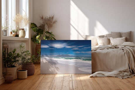 Sinus Art Wandbild 120x80cm Der berühmte Tafelberg im Hintergrund und Wellen im Vordergrund erzeugen visuelle Tiefe