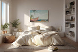 Sinus Art Wandbild 120x80cm Farbige Boote auf Sandstrand mit Palmen und tropischem Himmel im nostalgischen Stil