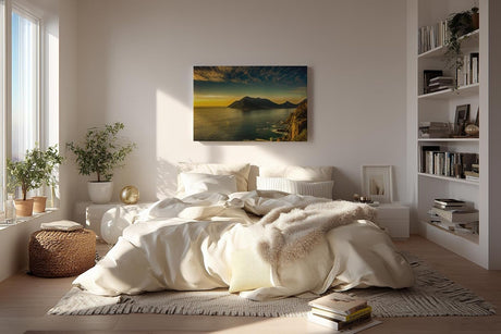 Sinus Art Wandbild 120x80cm Dramatisches Küstenpanorama bei Sonnenuntergang – ruhig, weit und eindrucksvoll