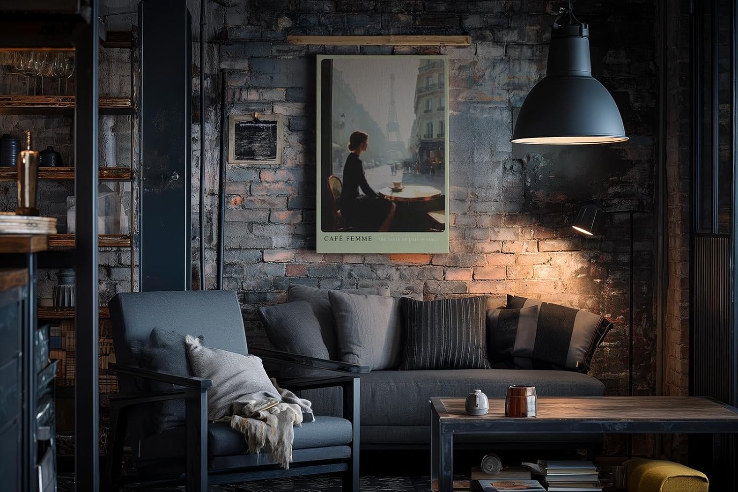 Paul Sinus Wandbild in 40x60cm Café Femme – Romantische Szene einer Frau in einem Pariser Café mit Blick auf den Eiffelturm, moderne Bilder in sanften, stimmungsvollen Farbtönen