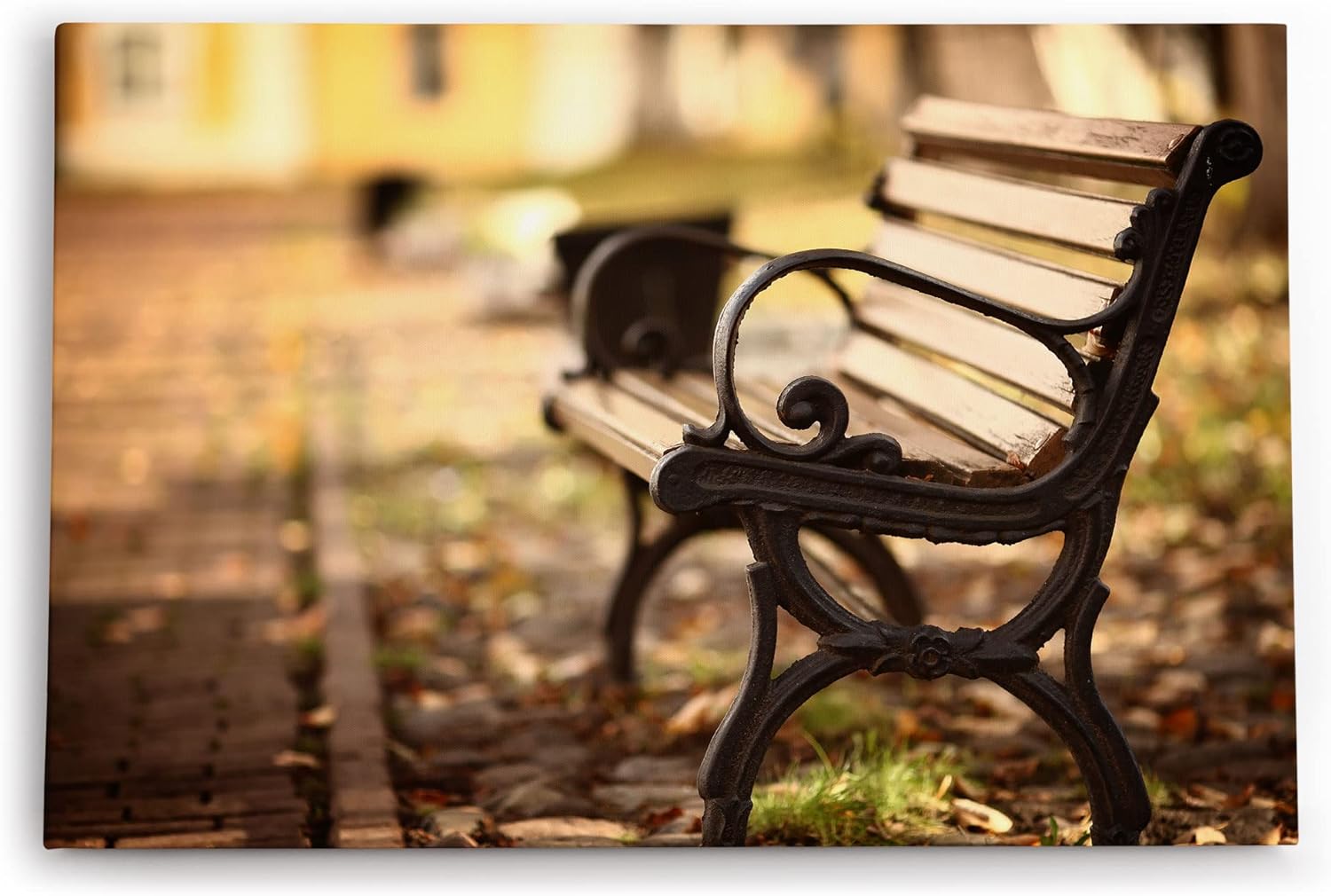 Wandbild 120x80cm Sitzbank Holzbank Park Herbst Sonnenschein