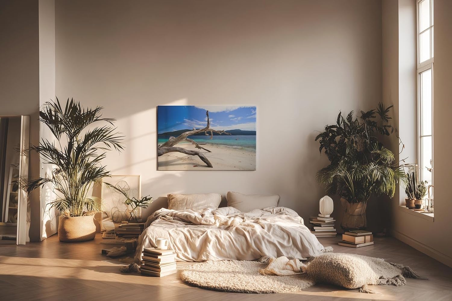 Sinus Art Wandbild 120x80cm Faszinierendes Motiv mit Treibholz am weißen Sandstrand vor türkisfarbenem Meer