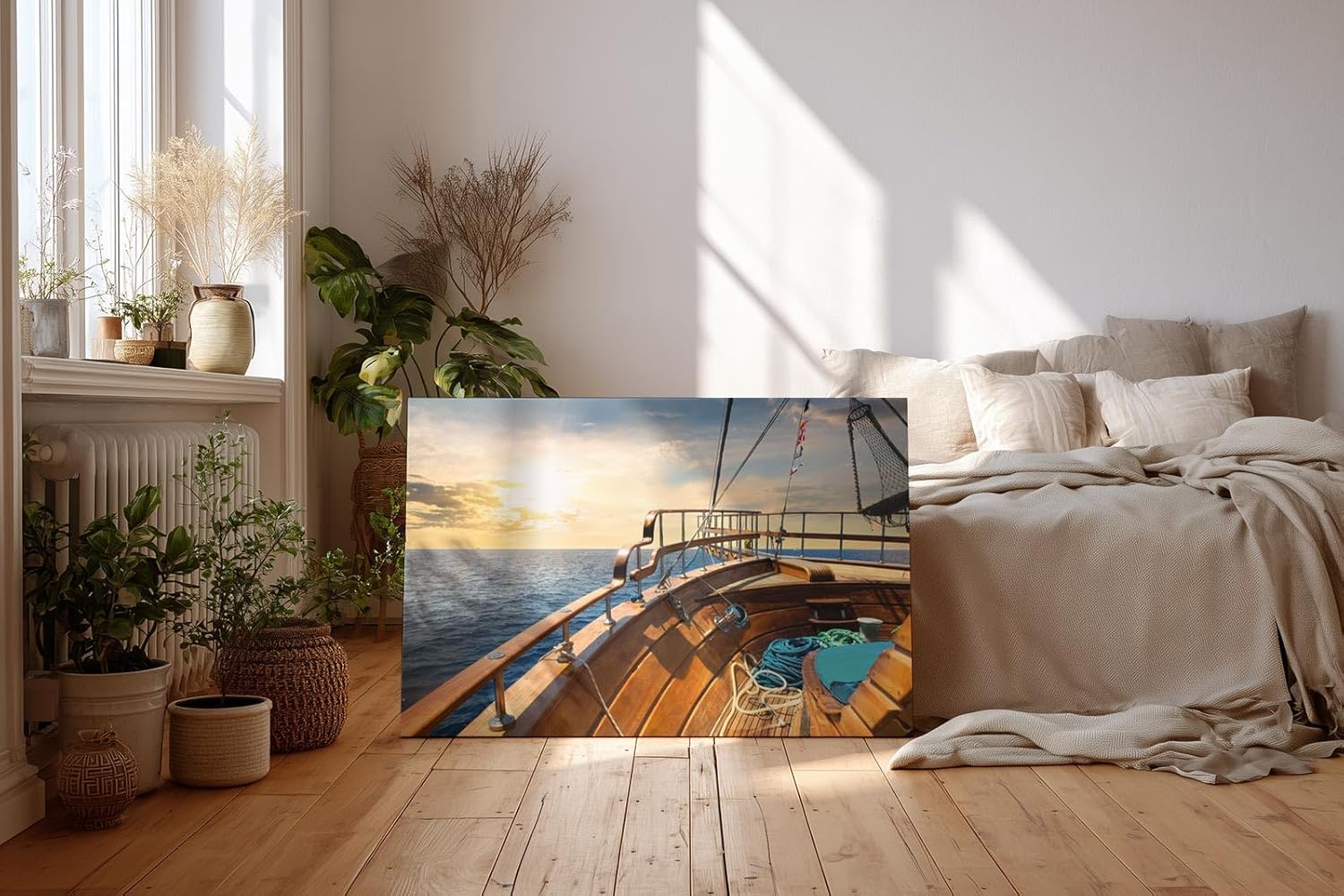Sinus Art Wandbild 120x80cm Atmosphärisches Meermotiv mit Perspektive vom Holzdeck eines Segelboots bei Sonnenuntergang