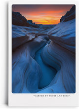 Paul Sinus Leinwandbild 60x90cm Carved by Frost and Time – Eislandschaft, Naturwunder, Gletscher, Felsen, Sonnenuntergang, Eisformationen, Kälte