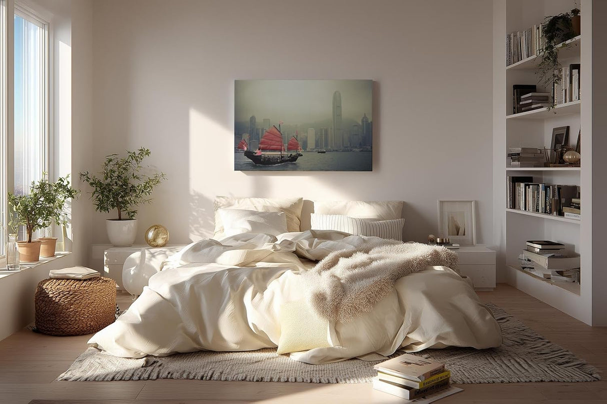Sinus Art Wandbild 120x80cm Die rote Dschunke bildet einen spannenden Kontrast zur modernen Skyline im Hintergrund