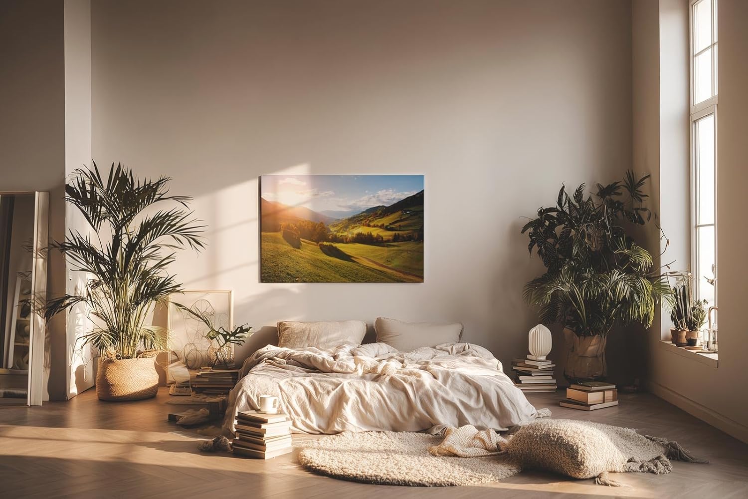 Sinus Art Wandbild 120x80cm Grüne Hügel unter strahlender Sonne mit leuchtenden Bäumen und weiter Perspektive