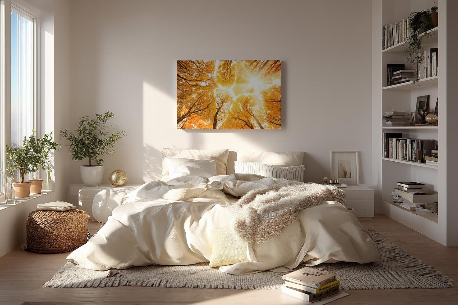 Sinus Art Wandbild 120x80cm Faszinierender Blick durch herbstlich gefärbte Baumwipfel in warmem Licht