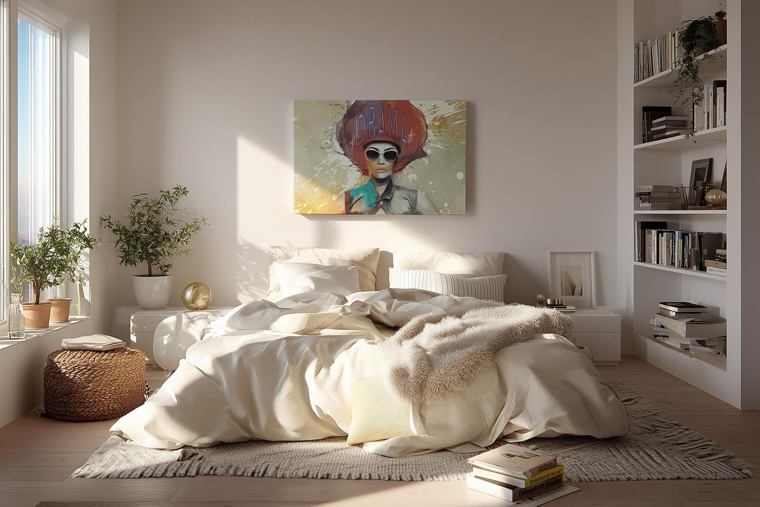 Sinus Art Wandbild 120x80cm Ausdrucksstarke Darstellung einer Frau mit auffälliger Typografie und Farbspritzern
