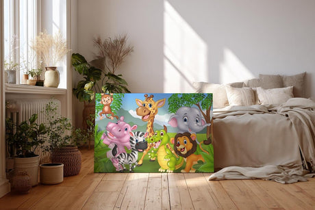Sinus Art Wandbild 120x80cm Fröhliche Tiergruppe in cartoonhafter Darstellung – ideal für Kinderzimmer
