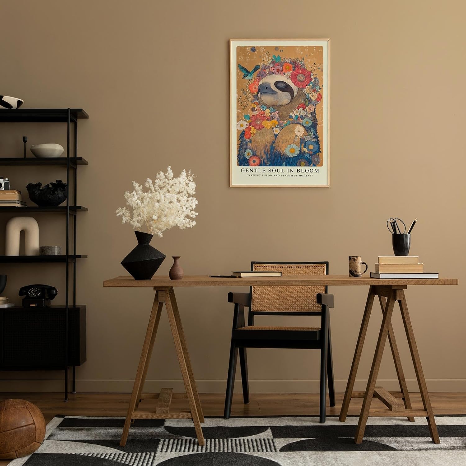 Paul Sinus Leinwandbild 60x90cm verträumtes Faultier in floraler Blütenpracht mit harmonischen Naturfarben – kunstvolles Leinwandbild