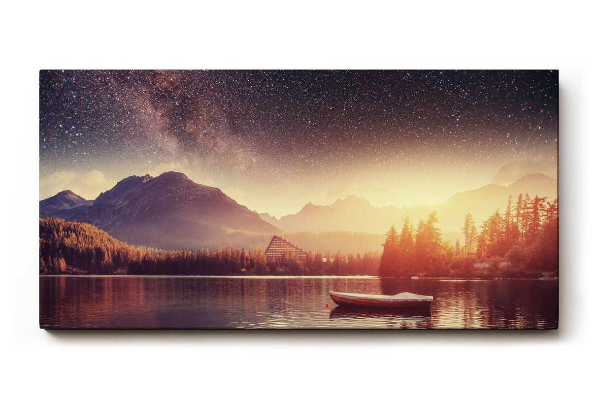 Sinus Art Wandbild 120x80cm Stimmungsvolle Komposition aus Sternenhimmel, Bergen und stiller Wasserfläche