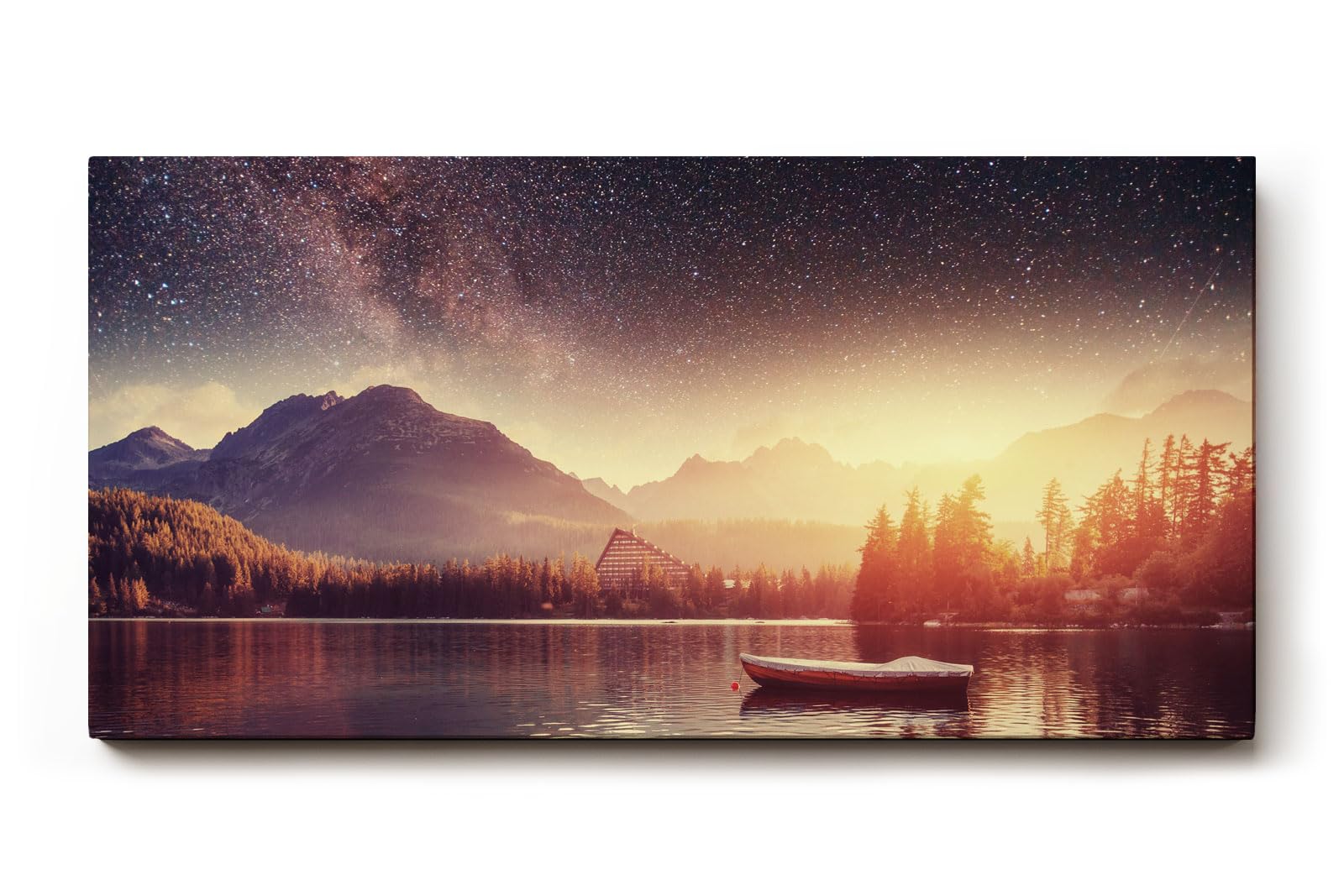 Sinus Art Wandbild 120x80cm Stimmungsvolle Komposition aus Sternenhimmel, Bergen und stiller Wasserfläche