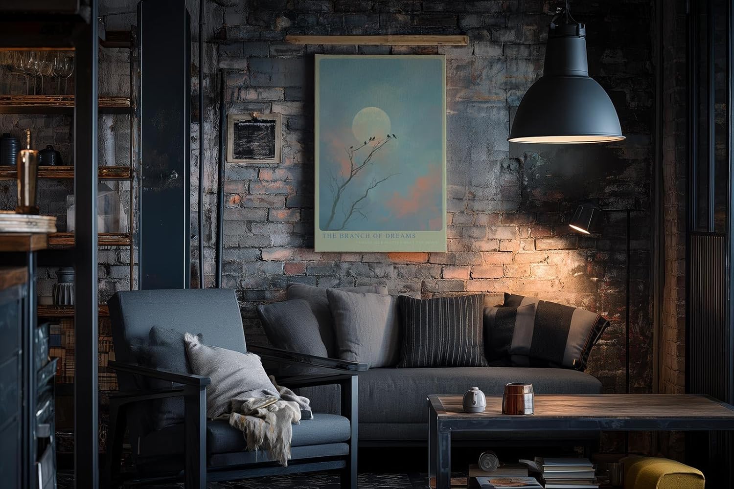 Paul Sinus Wandbild in 40x60cm The Branch of Dreams Traumhafte Landschaft mit Vögeln auf Zweigen vor großem Mond in pastellfarbenem Himmel