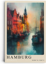 Paul Sinus Leinwandbild 80x120cm Hamburg Harbor Lights – Farbenfrohe Hafenszene mit historischen Gebäuden, Spiegelungen im Wasser